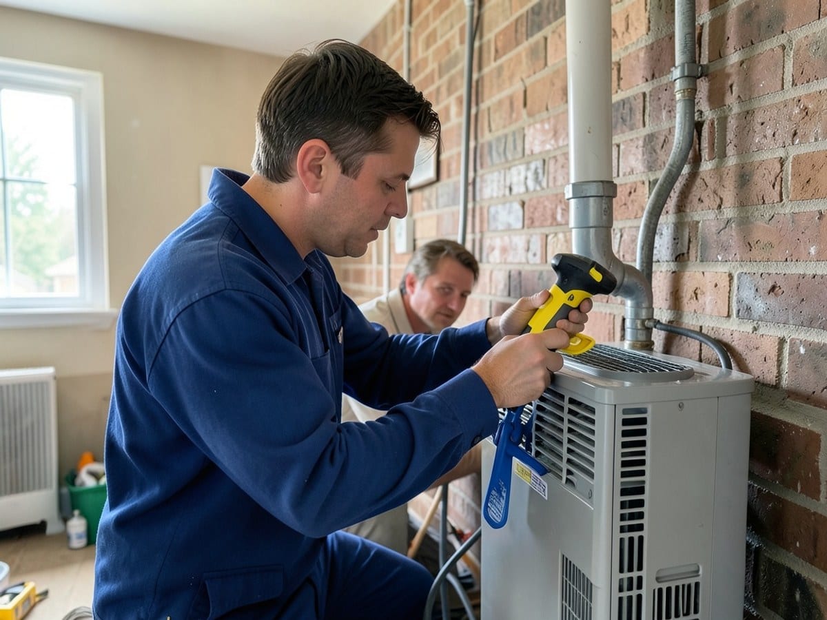 blue-uniformed technician checks a yellow and black tool on a gray air conditioning unit, secured with a blue clamp, against a brick wall
