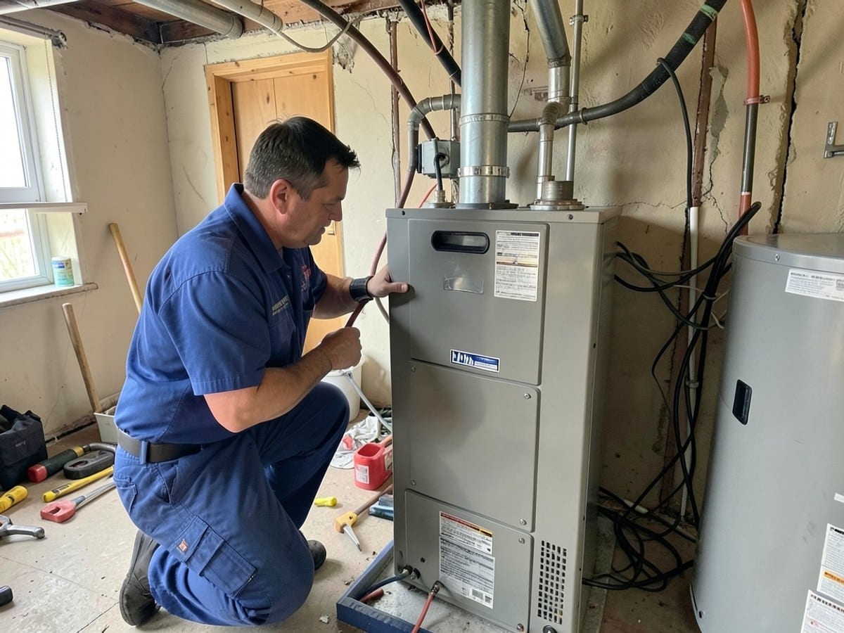 blue-uniformed worker inspects a gray furnace, examining its components amidst a cluttered basement space