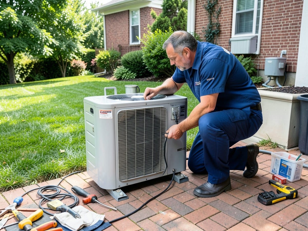 man in a blue uniform inspects a Carrier air conditioning unit on a brick patio, surrounded by tools and a lush green lawn