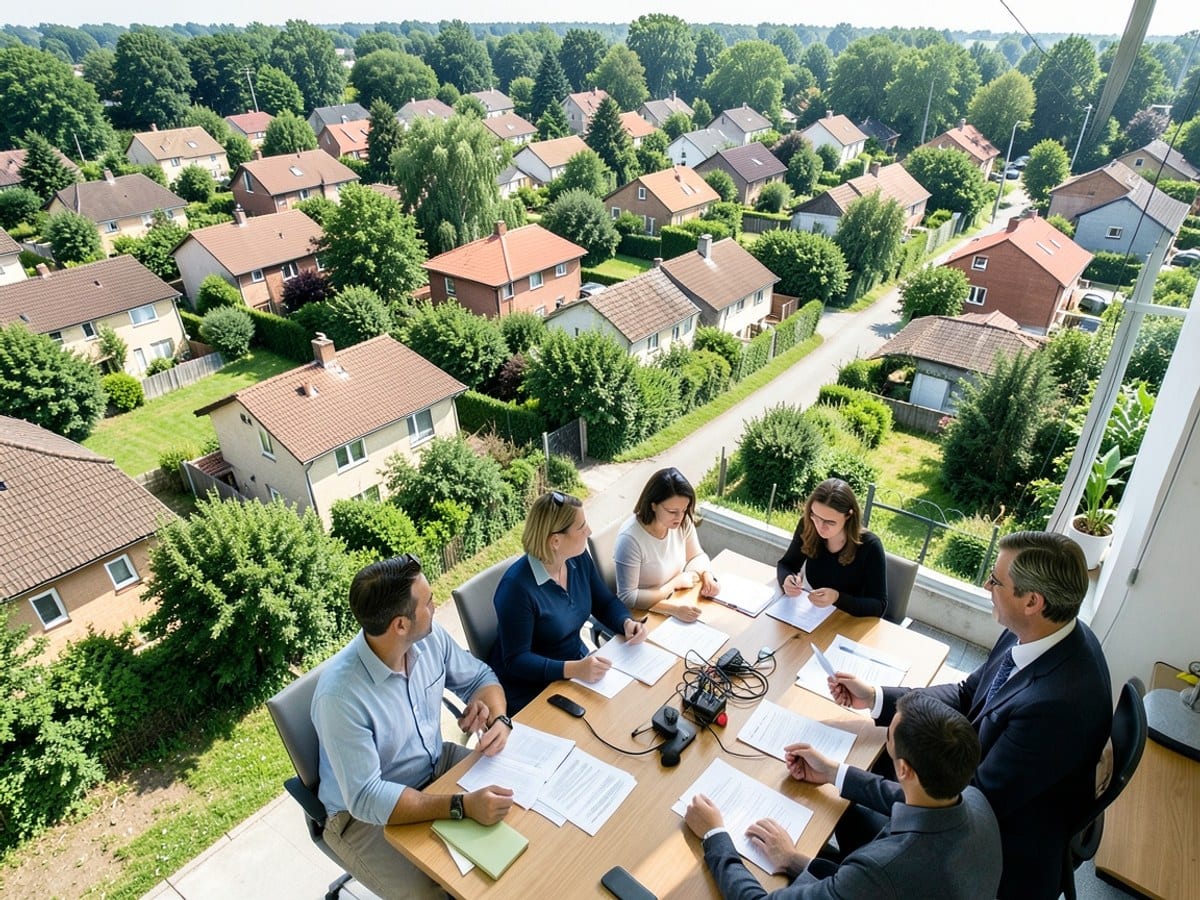 aerial view of a residential area reveals a grid-like pattern of houses with brown and red roofs, interspersed with trees and bushes, and a winding road.