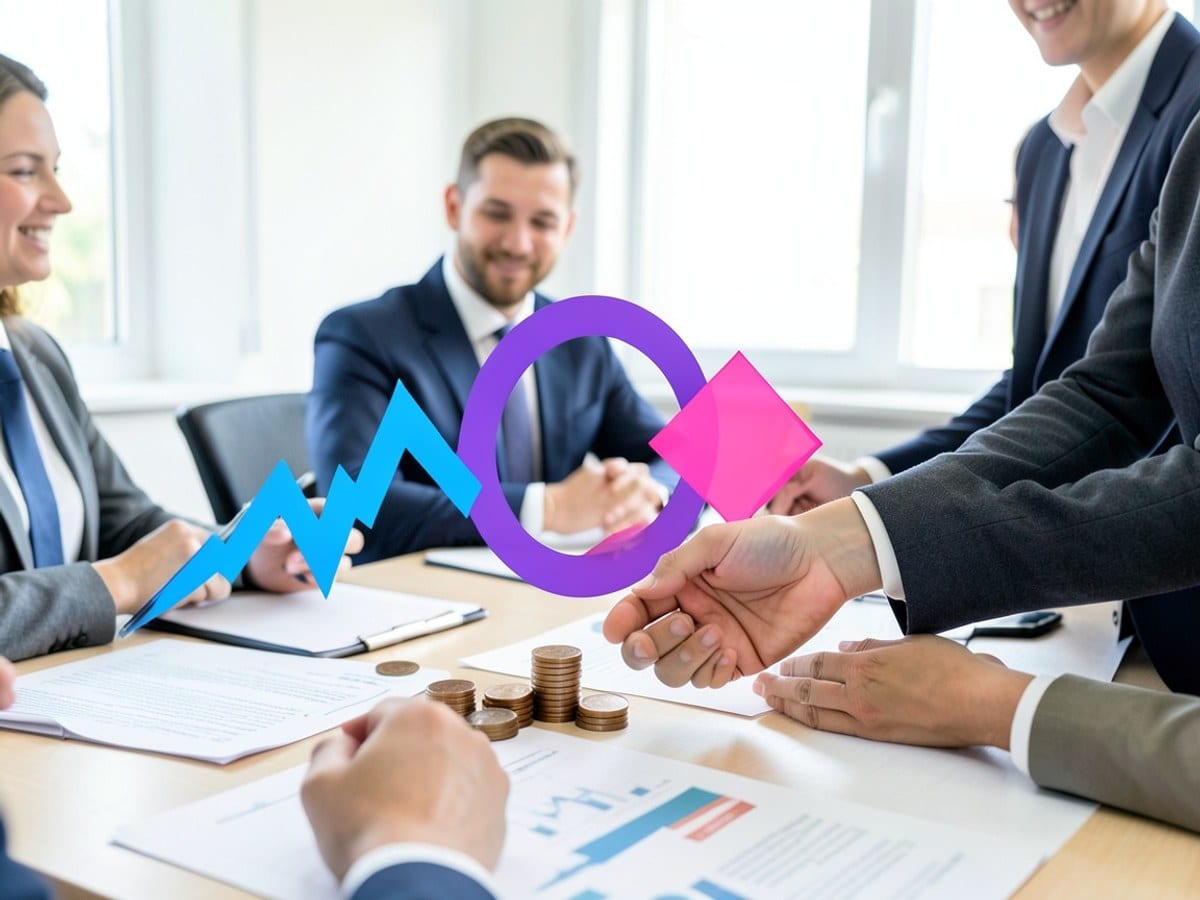blue graph, a purple circle, and a pink diamond intersect with brown coins, symbolizing data analysis and interpretation in a business or financial context.