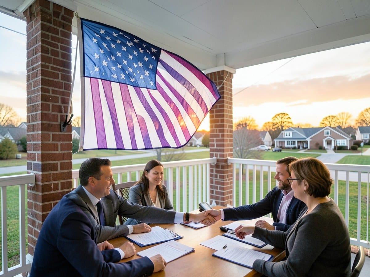 blue and white striped American flag waves from a porch with white railings and brick pillars, with a suburban neighborhood and sunset in the background.