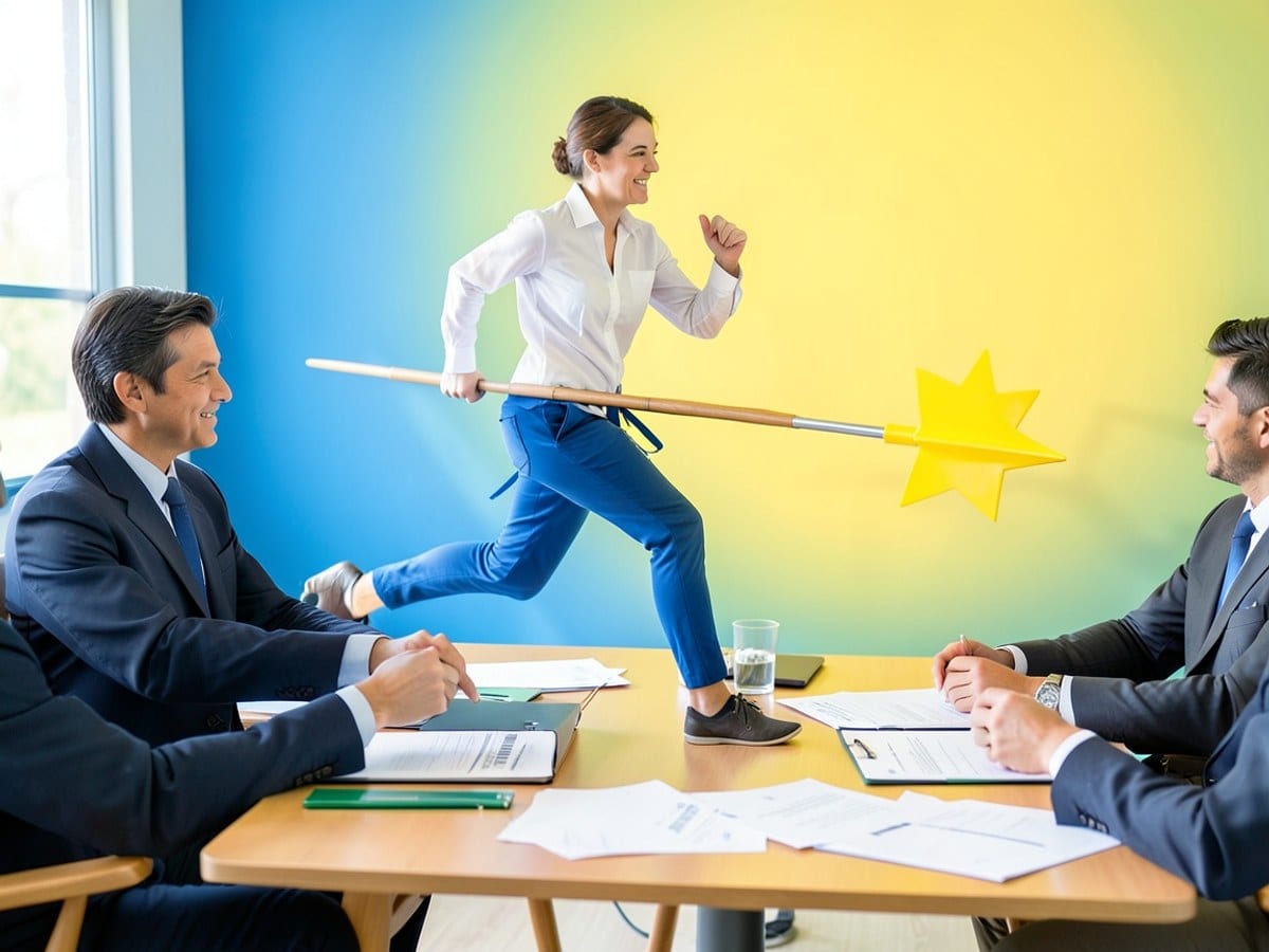 person in white and blue runs on a spear attached to a yellow star, crossing from left to right against a blue and yellow gradient background.