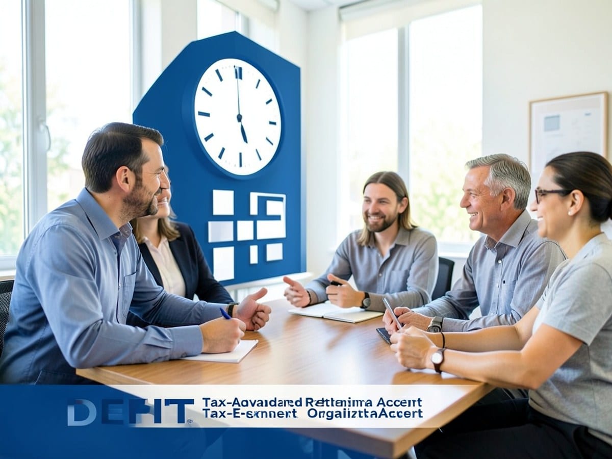 blue building illustration features a white clock, a blue cross, and a tax-advantaged retirement account for employees of tax-exempt organizations, accompanied by the client's branding and a definit