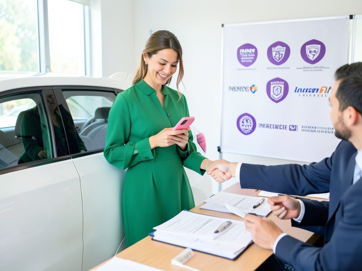 young woman in a green dress smiles while leaning against a white car, holding a pink phone and standing near a display of four insurance companies with purple logos.