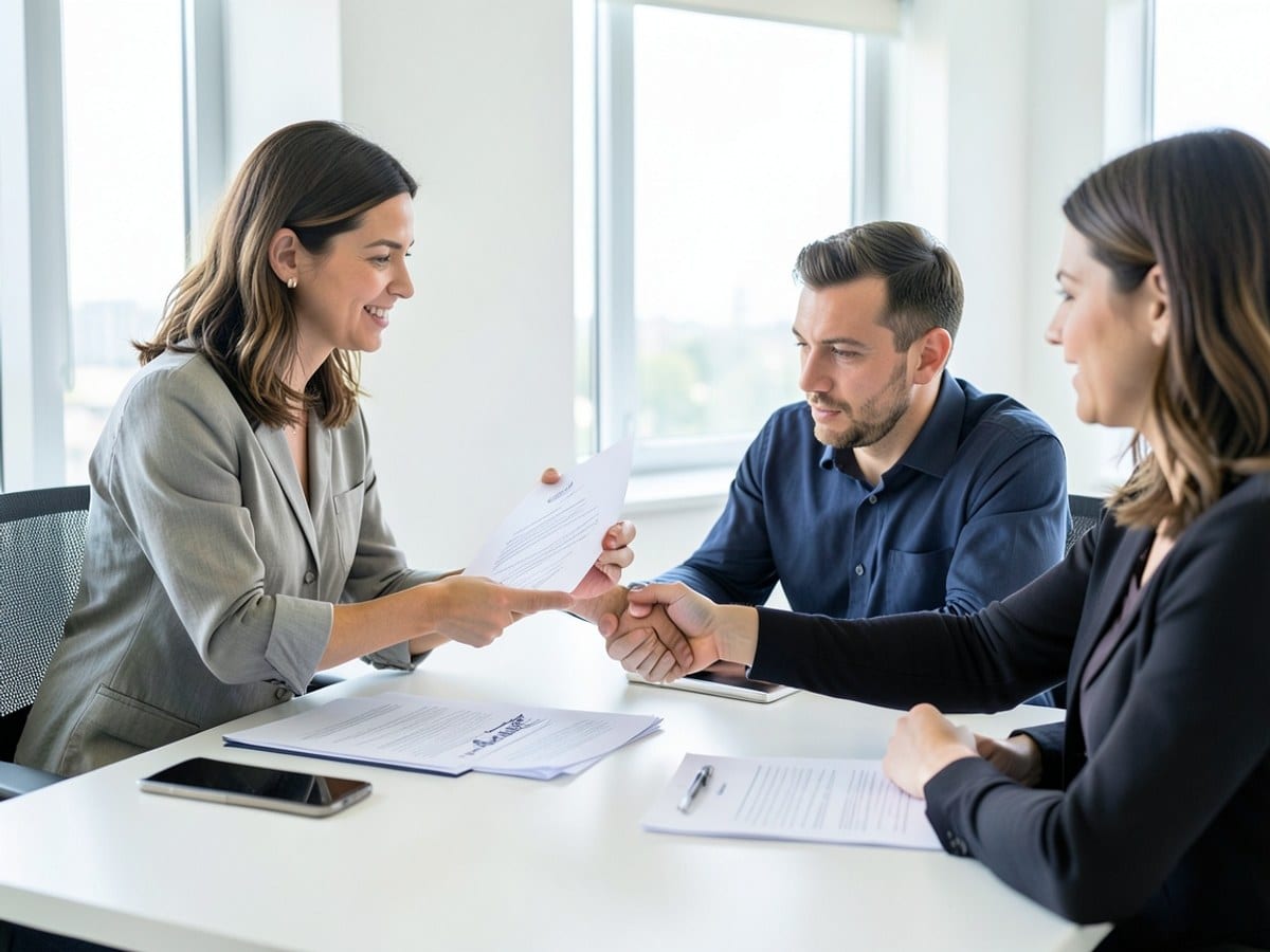 At a white desk, a woman presents a document to a focused man, while another woman observes, in a well-lit, modern office.
