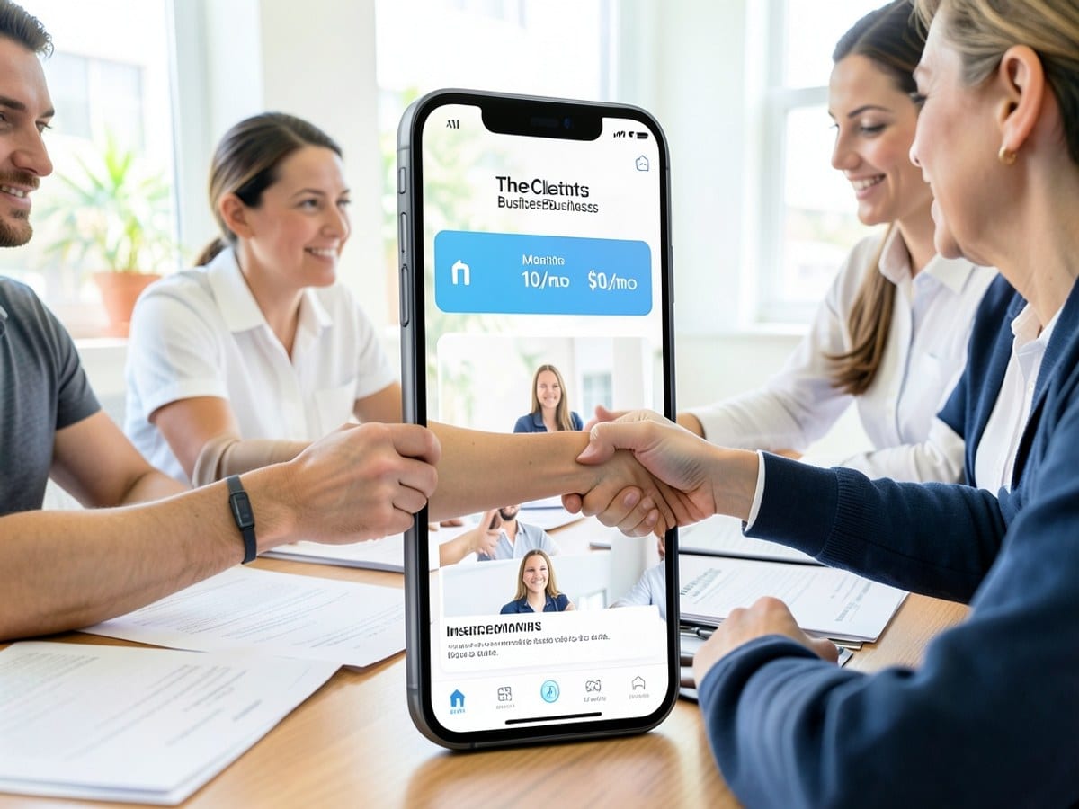 smartphone screen displays the TheClientsBusiness app, offering three insurance companies with monthly pricing $10/mo.