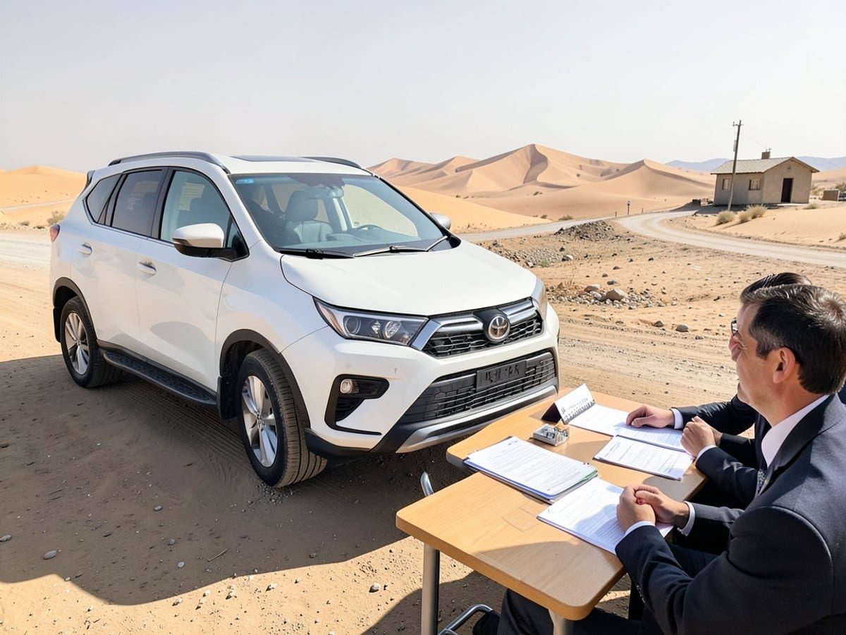 white Toyota RAV4 SUV is parked on a dirt road in a desert-like landscape, with sand dunes and a small building in the distance.