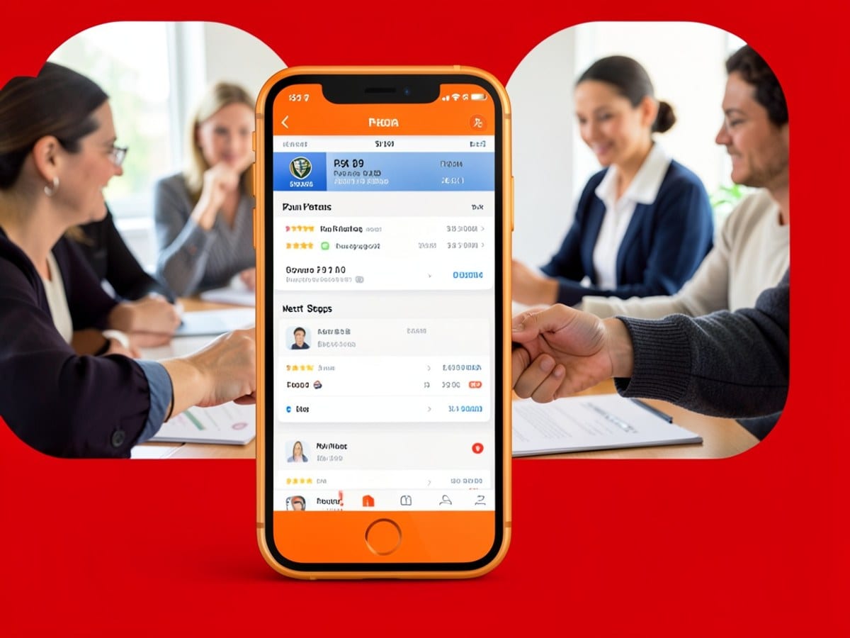 orange phone displays a car insurance policy information page, detailing policy info, payments, and next steps on a red background.