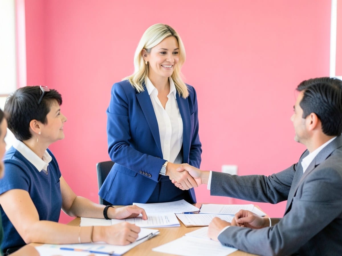 blonde woman in a blue blazer and white shirt, identified as Mallory Mooney, stands against a pink background, noted for her 10+ years of service as a licensed agent.