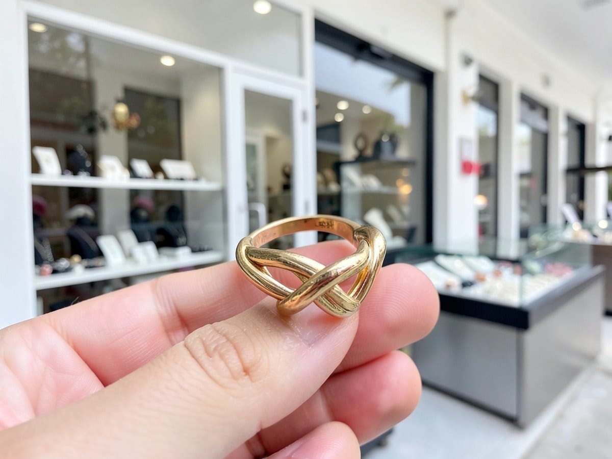 gold ring features a knotted design, showcasing intricate craftsmanship against a white background.