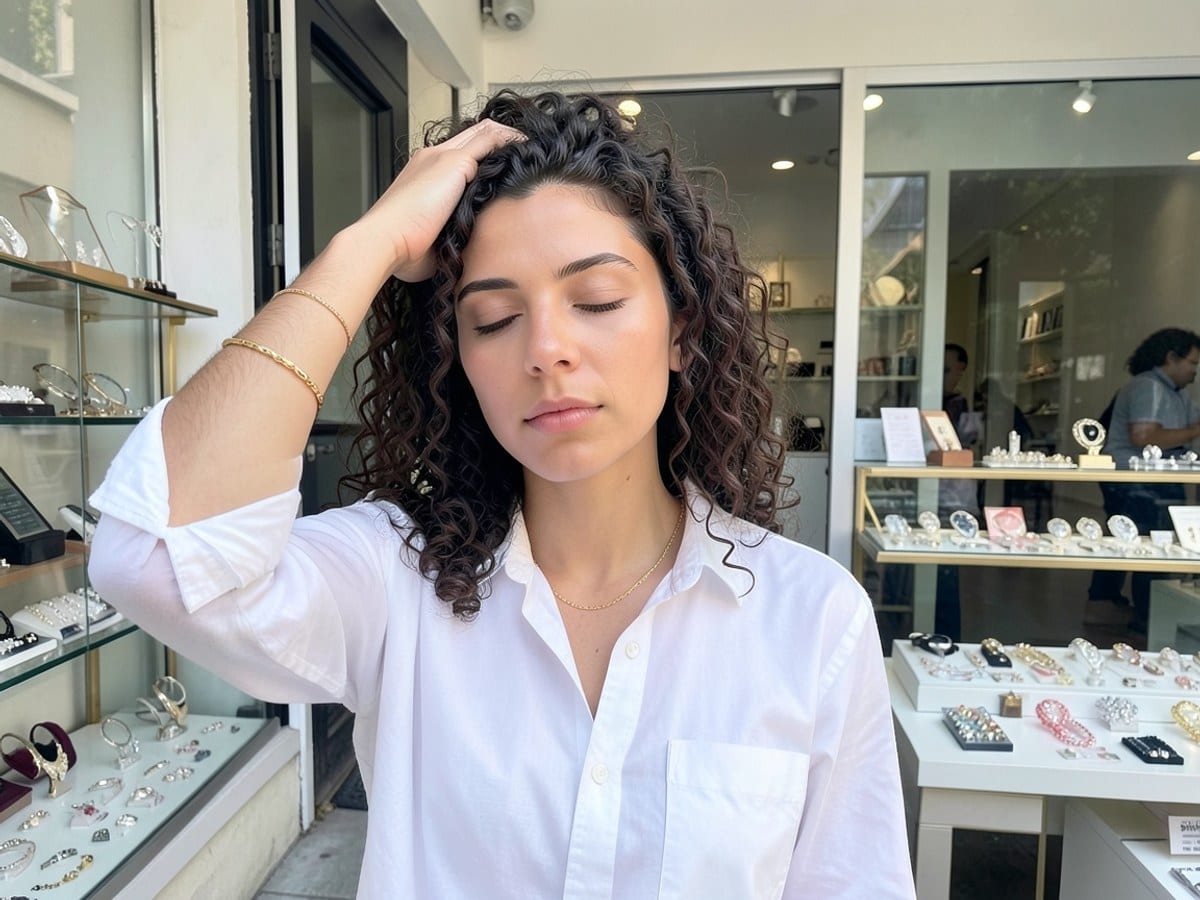 young woman with curly hair, wearing a white shirt and a gold bracelet, contemplates with her eyes closed and hand on her head.