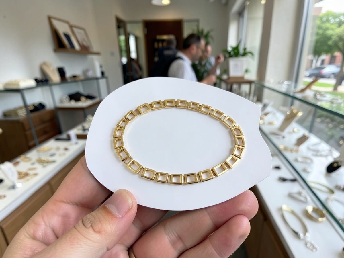 gold-colored bracelet, composed of a repeating square link chain design, is displayed against a white background.