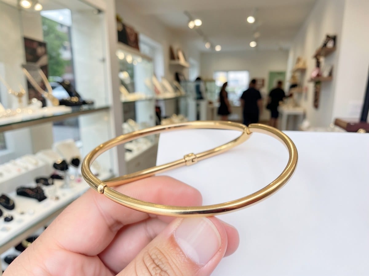 gold-colored bracelet with a smooth, curved design and a small clasp sits against a white background.