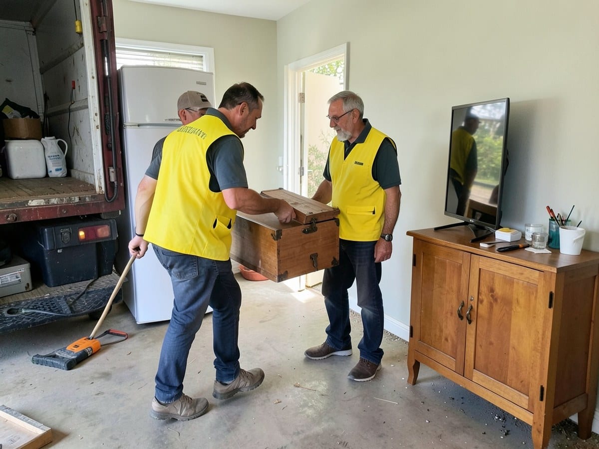 Two men in yellow vests move a wooden chest and white refrigerator from a truck to a wooden cabinet in a living room.