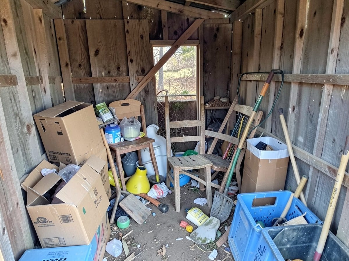 cluttered wooden shed contains various objects, including cardboard boxes, a wooden chair, a yellow lamp, a blue crate, and a gardening tool.