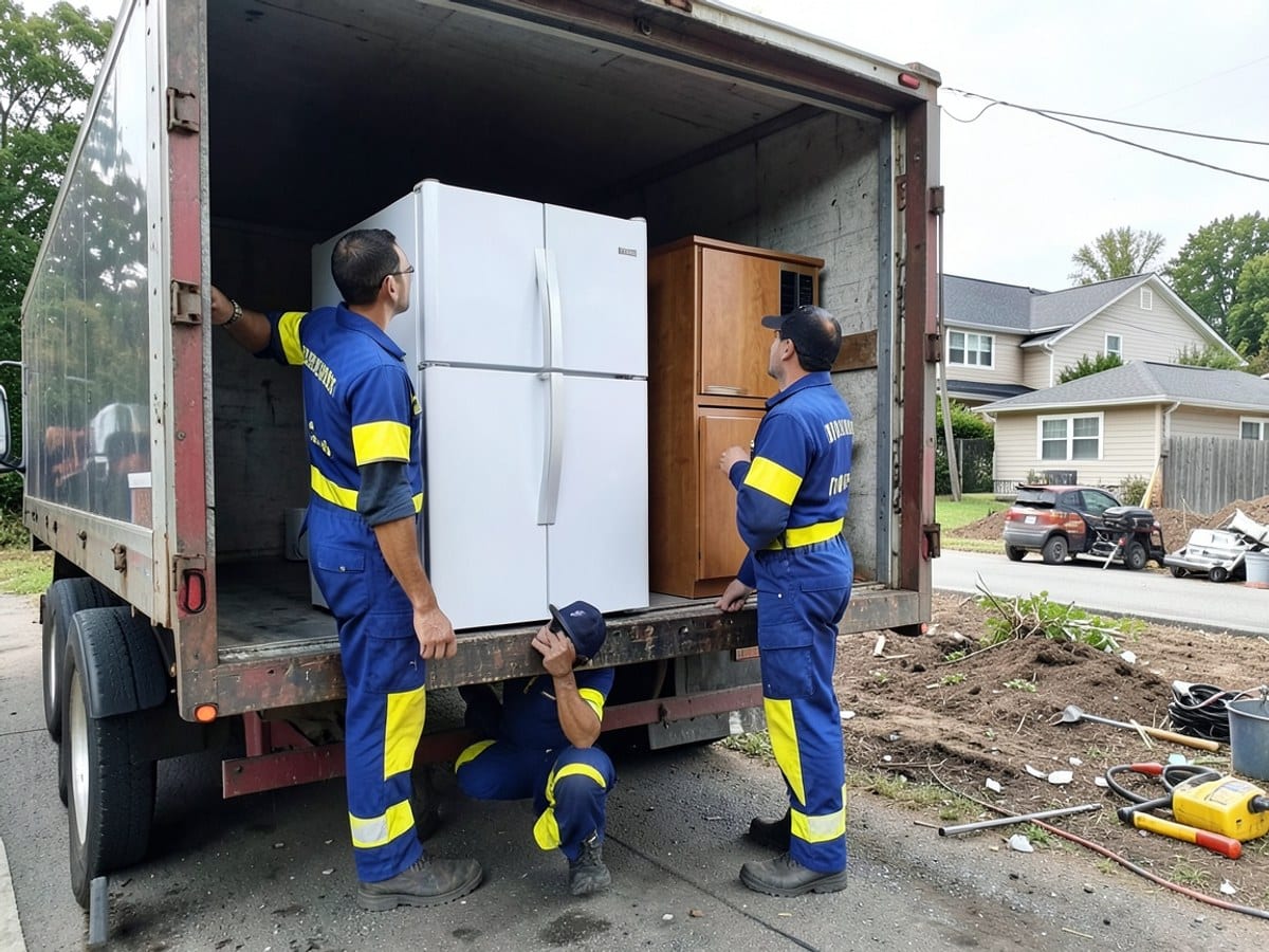 Three men in blue and yellow uniforms load a white refrigerator, microwave, and wooden cabinet into the open back of a moving truck.