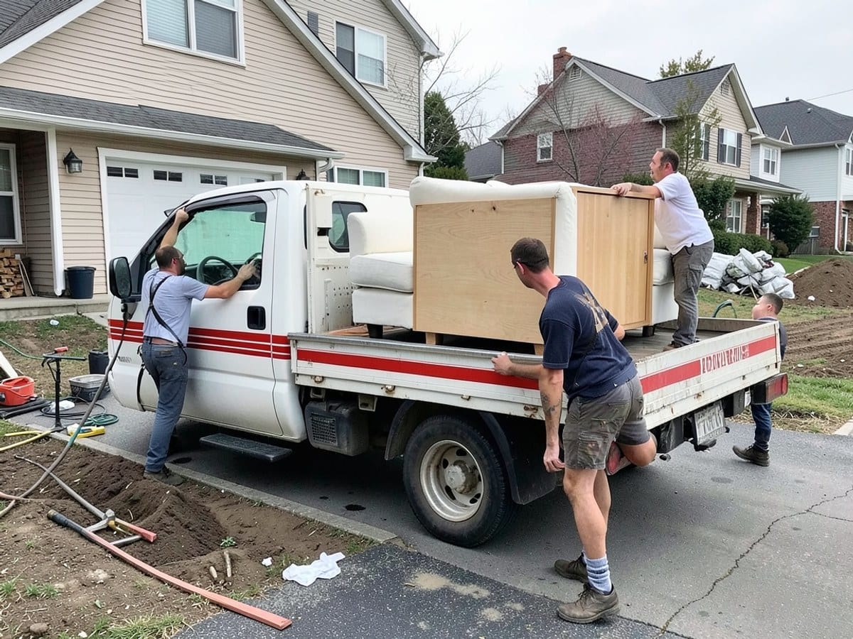 Two men load a white couch and wooden cabinet onto a white truck with red stripes, parked on a driveway in front of a house.