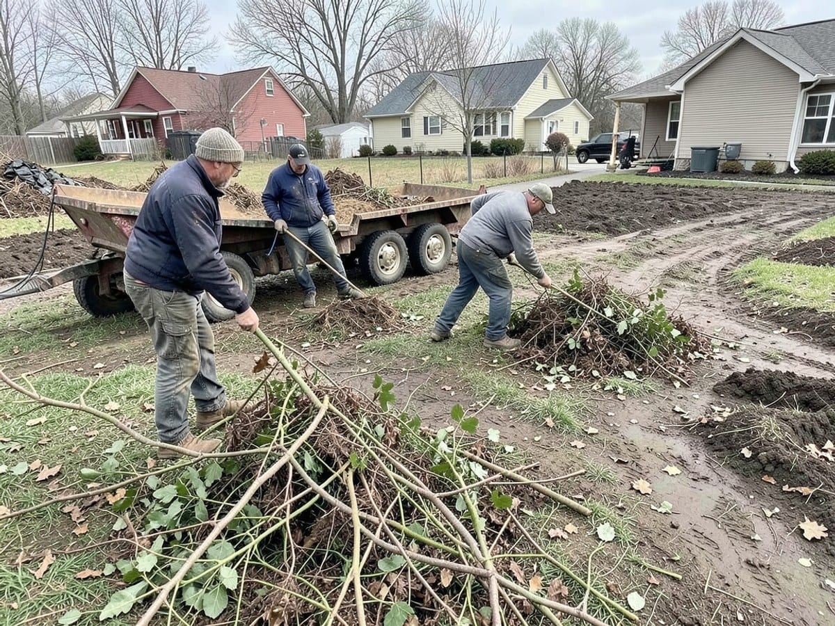 Workers collecting branches and yard debris