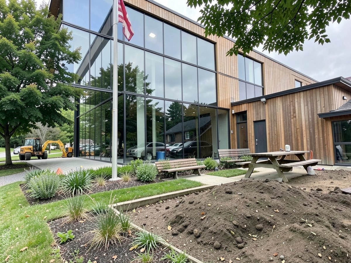 modern building with a glass facade, wooden exterior, and landscaped grounds features a bench and picnic table, with a flagpole and trees nearby.