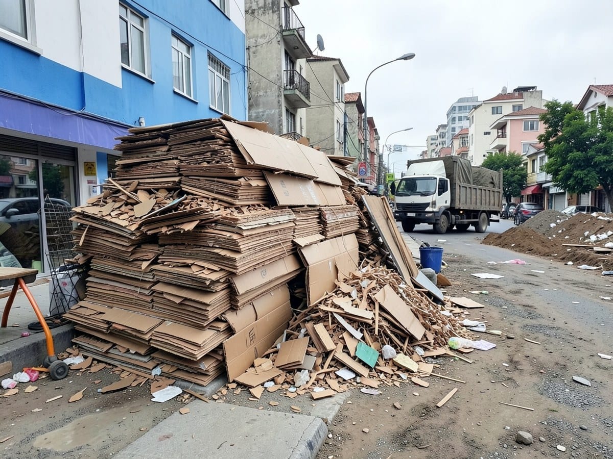 construction site with large stacks of cardboard and wood scraps is situated near a bustling city street, with a blue and white building and a parked truck in the background.