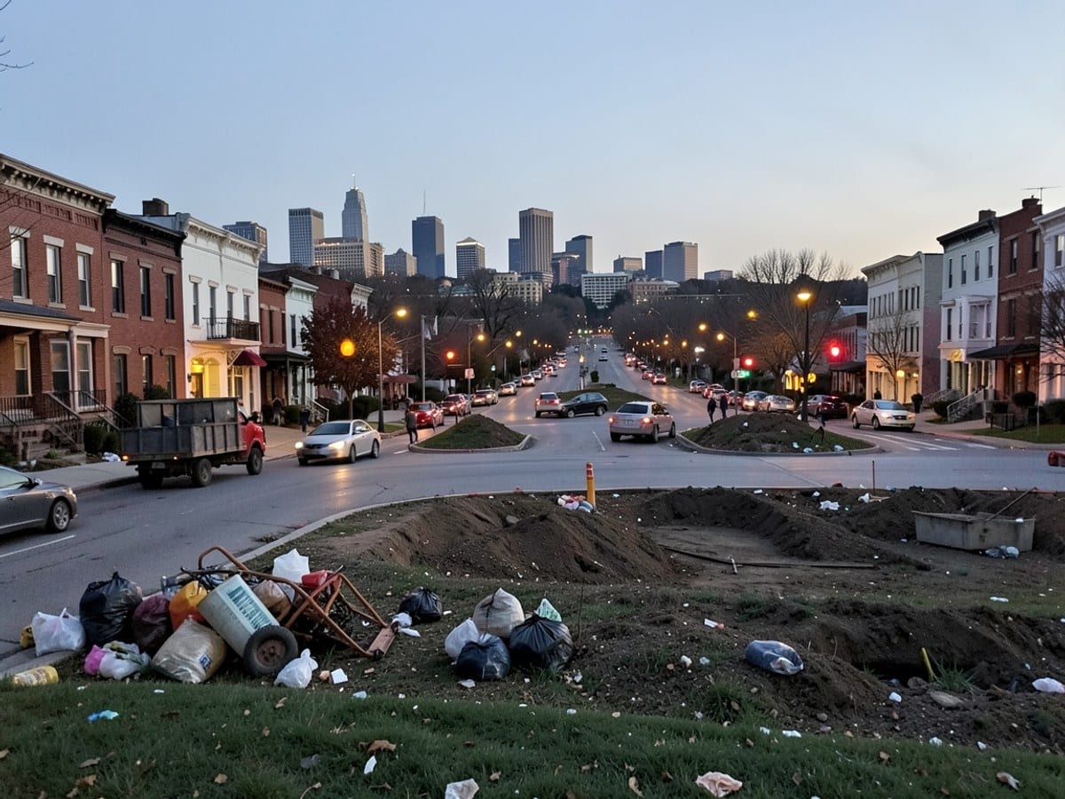 Lake Street in Ann Arbor, Michigan, is captured at dusk, showcasing a bustling roundabout, historic buildings, and vibrant street lights, with the city skyline in the distance.