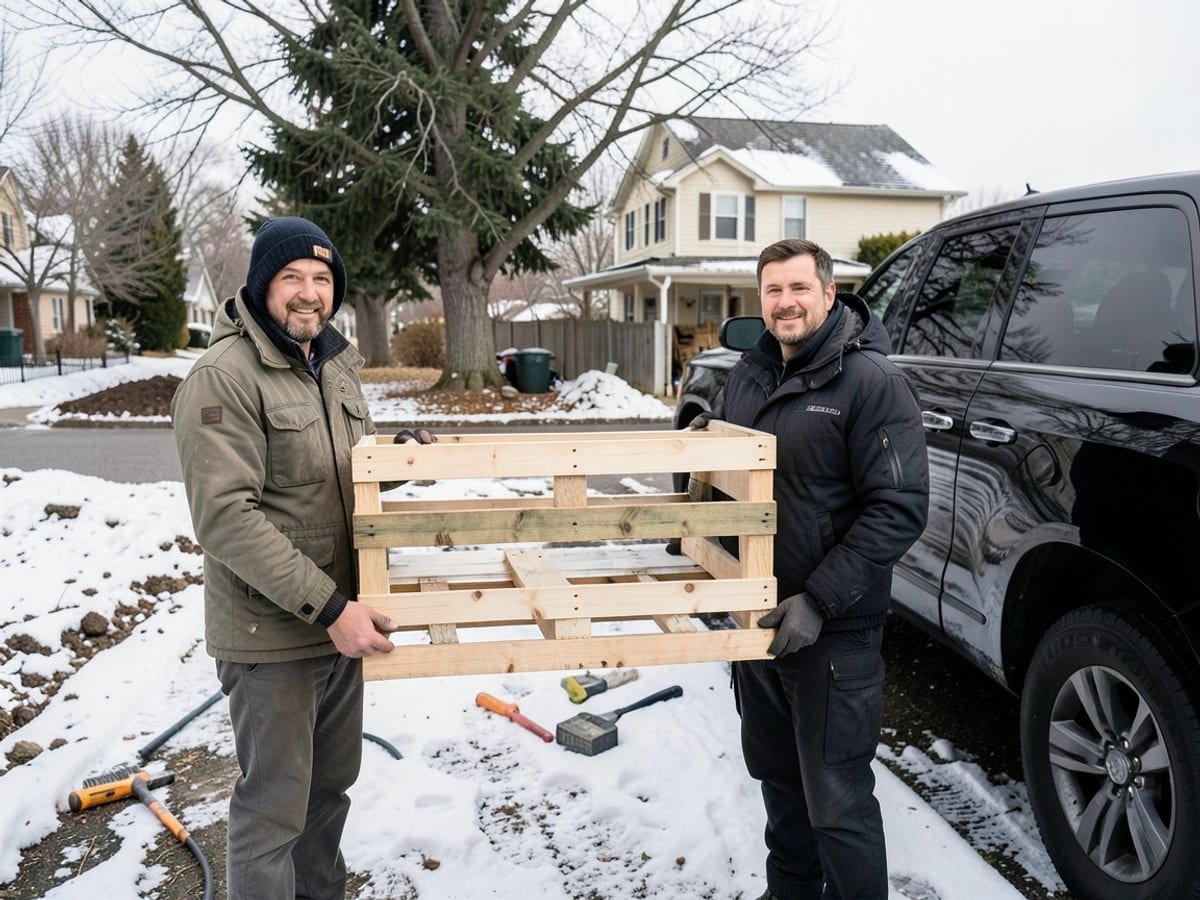 Two men in winter attire hold a wooden pallet from a black truck parked on a snow-covered street, with a house and tree in the background.