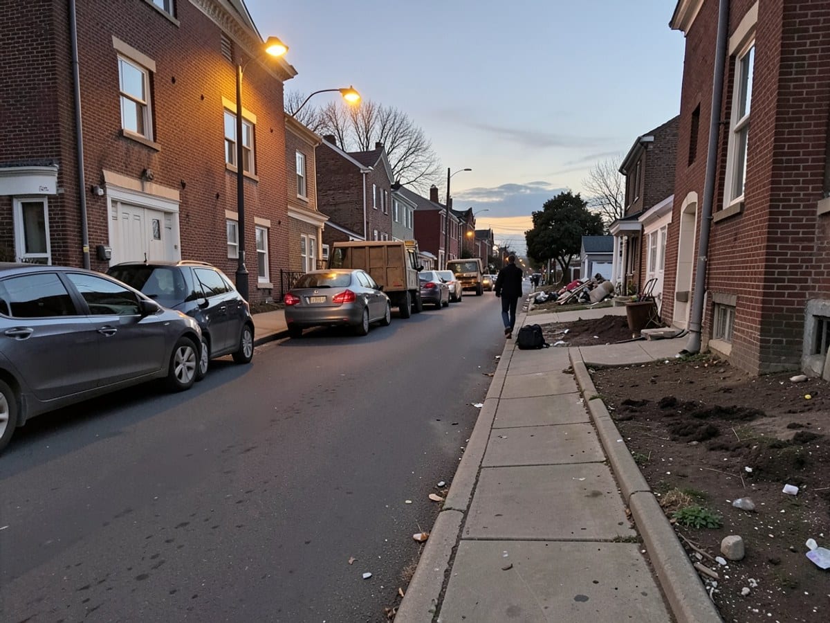 small town street at dusk features brick buildings, parked cars, and warm streetlight glow, with a solitary figure walking along the sidewalk.