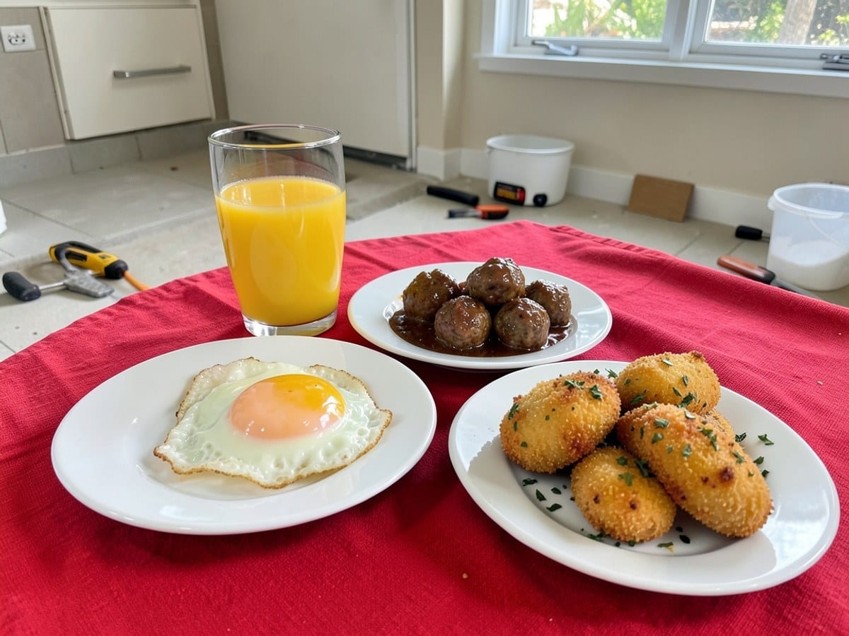 table with a red tablecloth features a white plate with a golden fried egg, a glass of orange juice, a plate of meatballs in sauce, and a plate of golden-brown croquettes with herbs, accompanied by