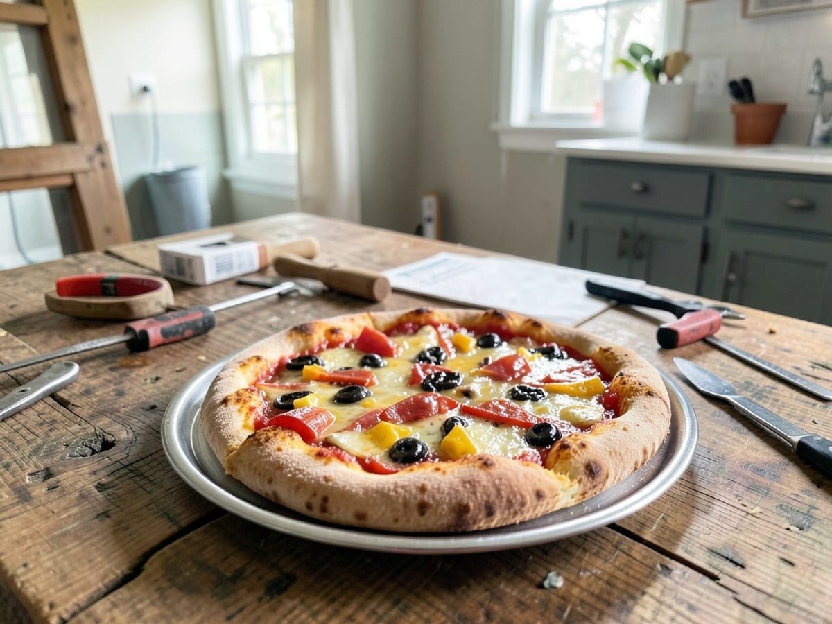 freshly baked pizza, with a golden crust and vibrant toppings, sits on a silver tray atop a rustic wooden table.