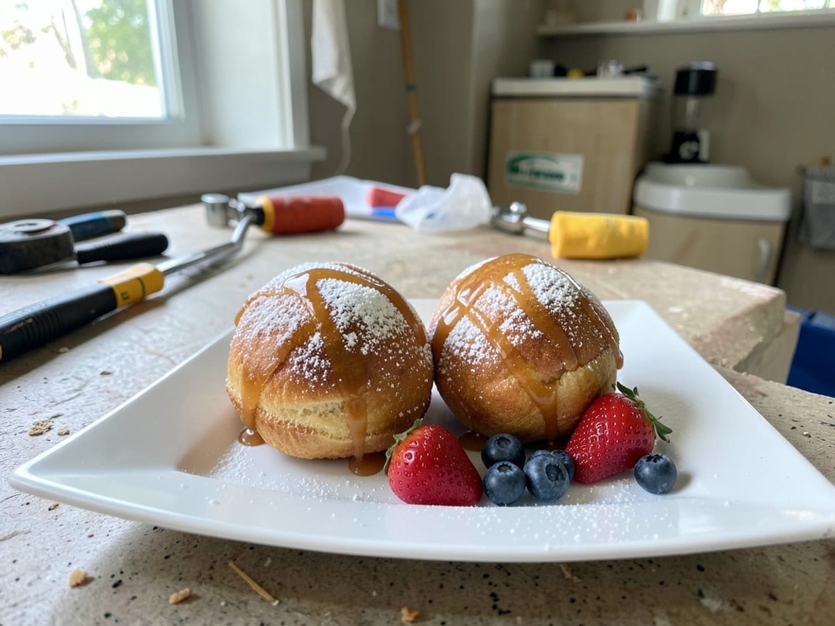 square white plate holds four golden-brown beignets, dusted with powdered sugar and drizzled with caramel, accompanied by fresh strawberries and blueberries.