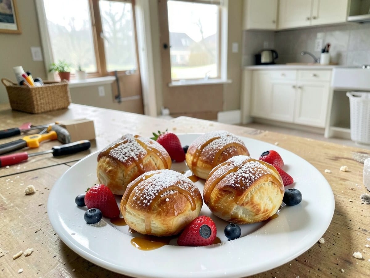 white plate holds four golden-brown pastries, dusted with powdered sugar and drizzled with caramel, accompanied by fresh strawberries and blueberries.