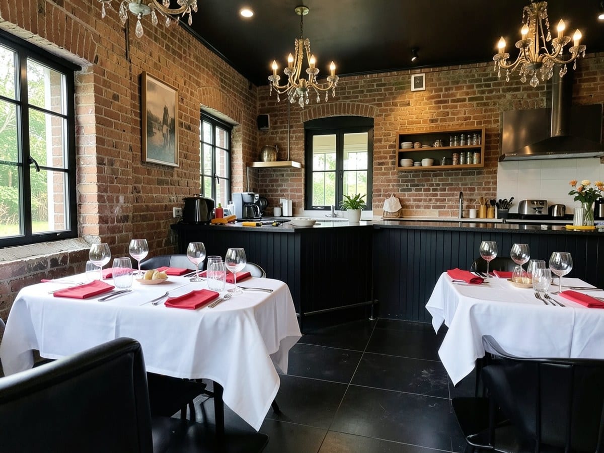 sleek black restaurant features a welcoming ambiance with white tablecloths, wine glasses, and red napkins, adorned with rustic brick walls, chandeliers, and a bar.