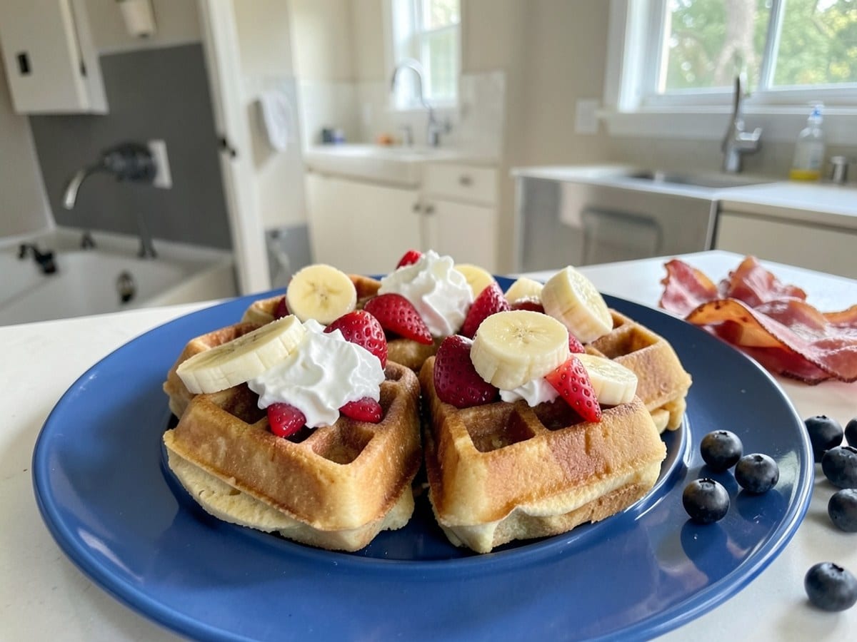 blue plate holds six golden-brown waffles topped with banana slices, strawberries, and whipped cream, accompanied by bacon and blueberries in the background.