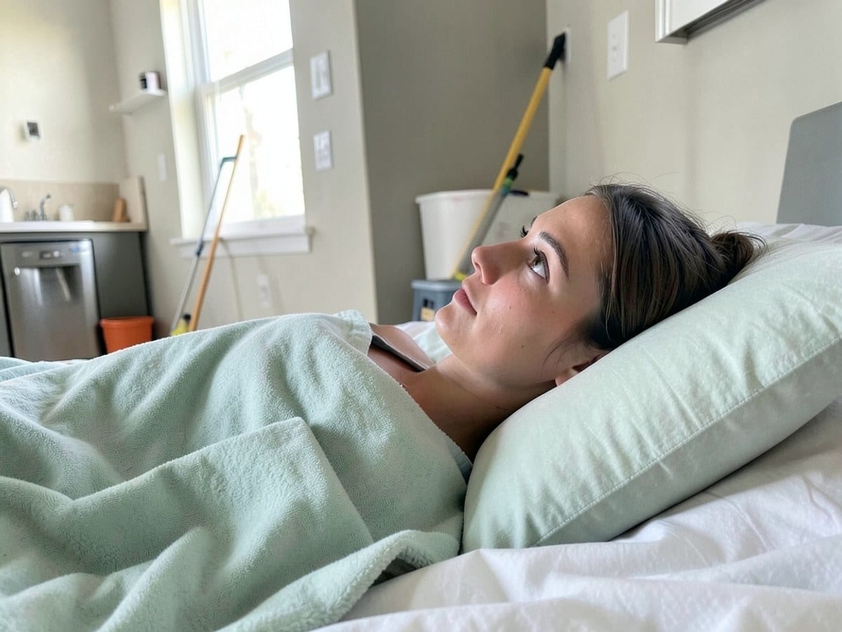 young woman lies on a bed, covered by a light green blanket and resting her head on a matching pillow, gazing upwards with a pensive expression.
