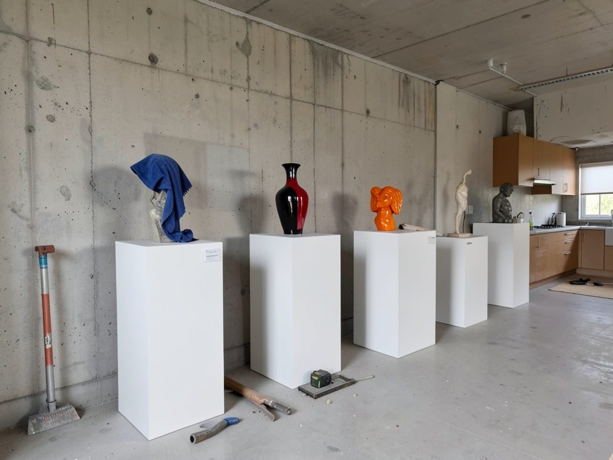 art exhibition in a concrete-walled room features eight white pedestals with unique sculptures, including a blue blanket, red and black vase, and orange sculpture.