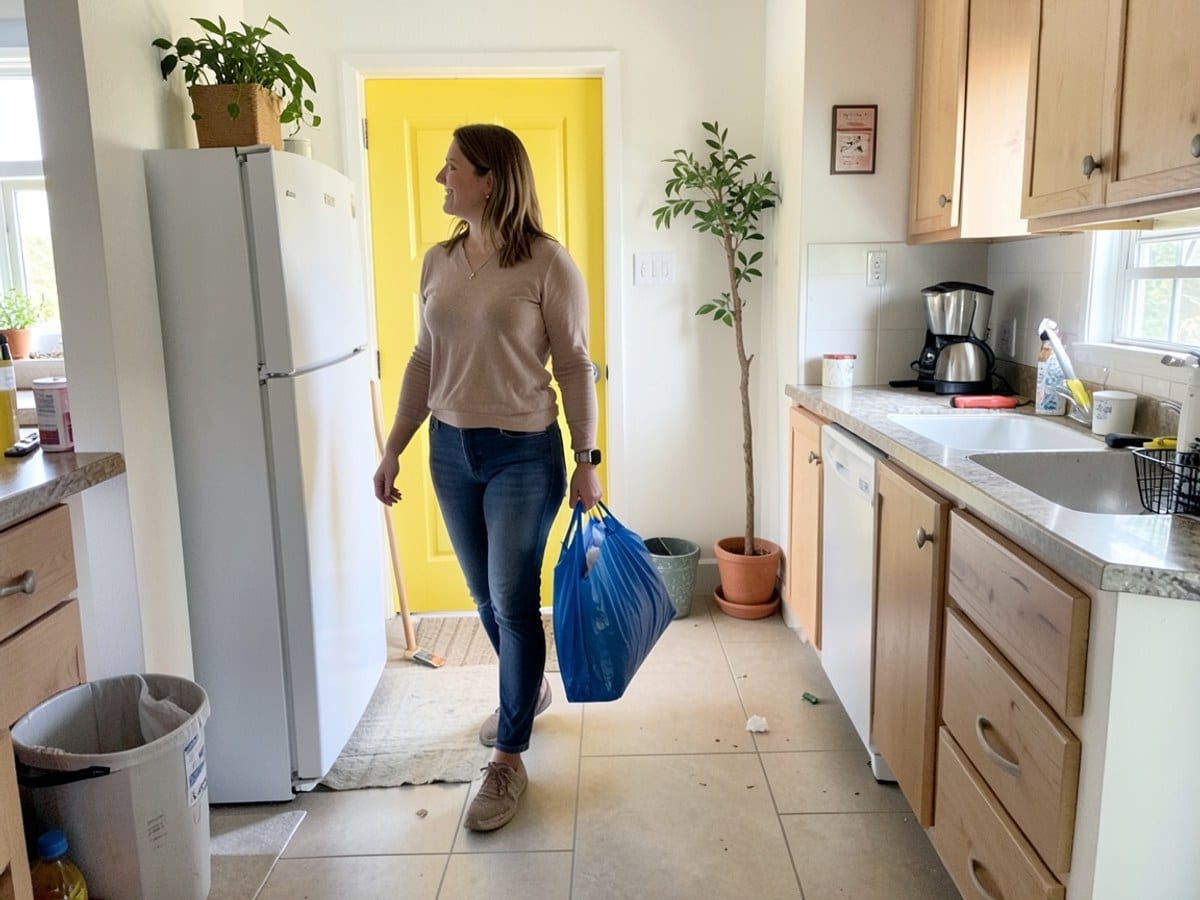 woman strides confidently through a bright kitchen, carrying two blue bags and passing a white refrigerator, with a yellow door and plant in the background.