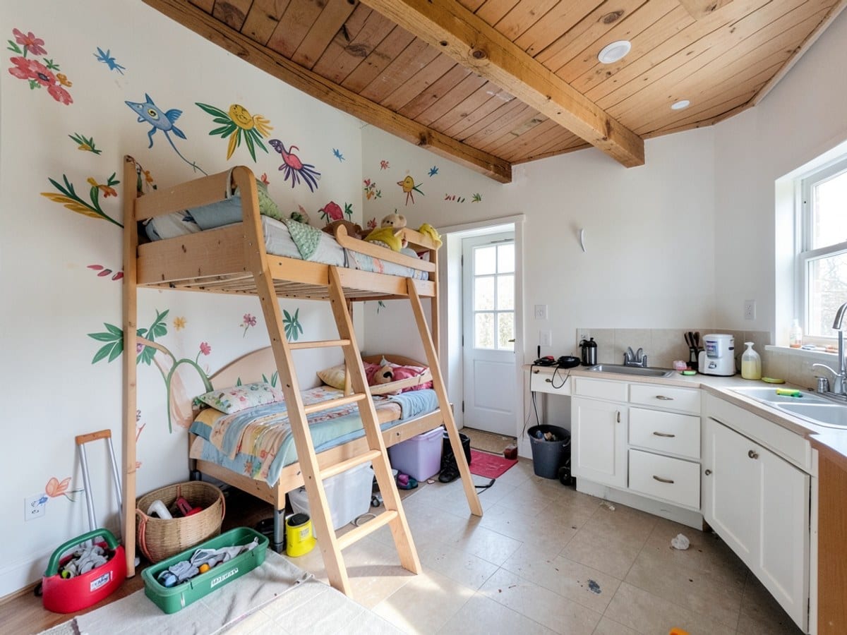 child's bedroom with a wooden beam ceiling, white walls, and a colorful mural, houses a bunk bed, wooden ladder, and play area.