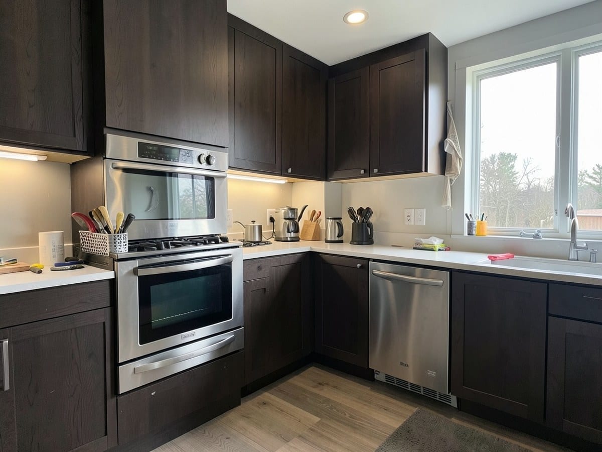 modern kitchen boasts a stainless steel double oven, dark wood cabinets, and a white countertop, bathed in soft ambient light.