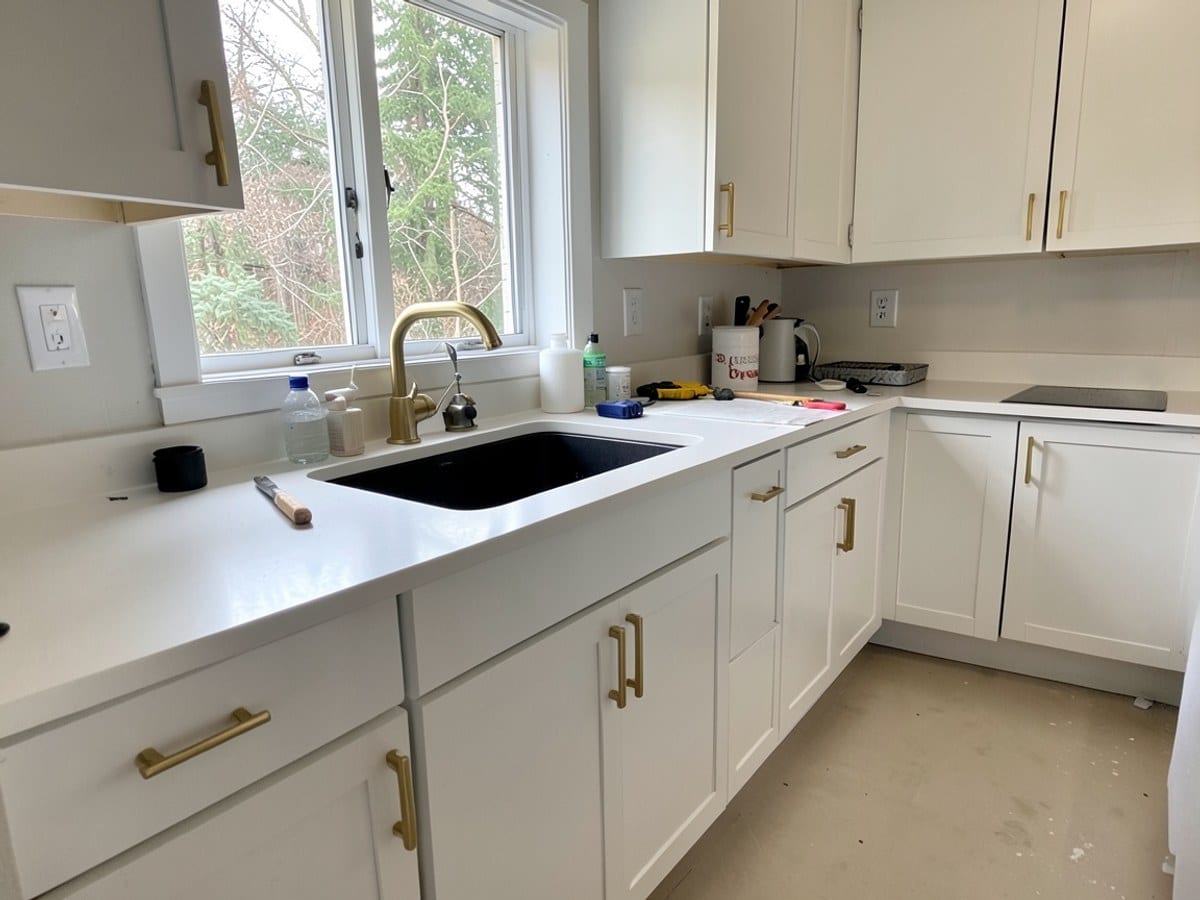 modern kitchen features a white countertop with a black sink and gold faucet, complemented by white cabinets with gold handles and a light beige floor.