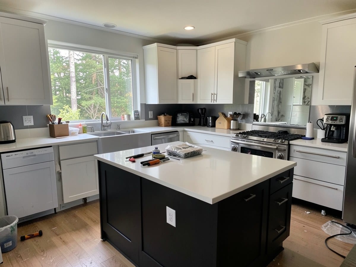modern kitchen boasts a black and white color scheme, with a large central island, white cabinets, and stainless steel appliances, complemented by a window view of trees and a sink with a mirror.