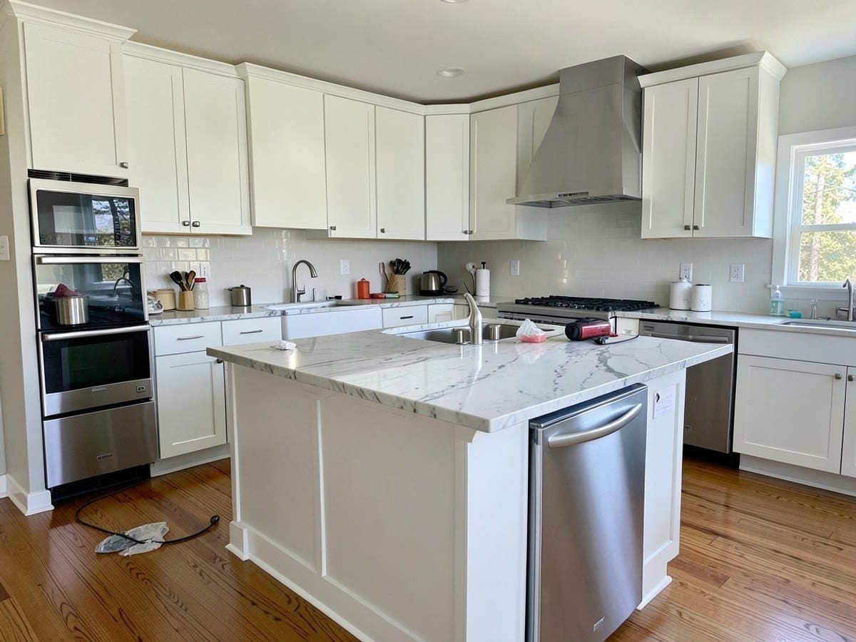 modern kitchen boasts a large island with a marble countertop, sink, oven, and dishwasher, complemented by white cabinets, a backsplash, and a hardwood floor.