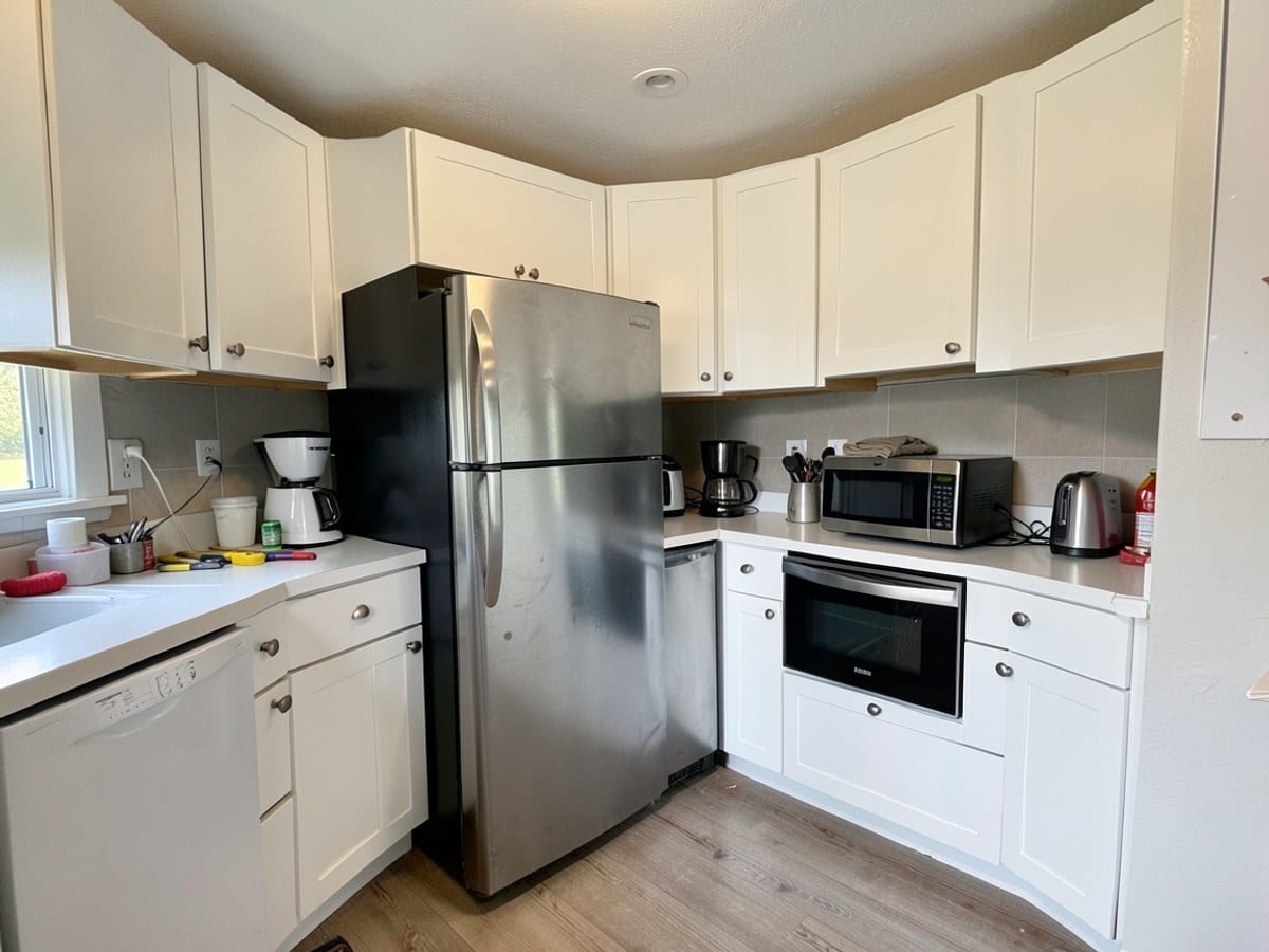 modern kitchen boasts white cabinets, a stainless steel refrigerator, and a microwave oven, with a coffee maker and toaster nearby.