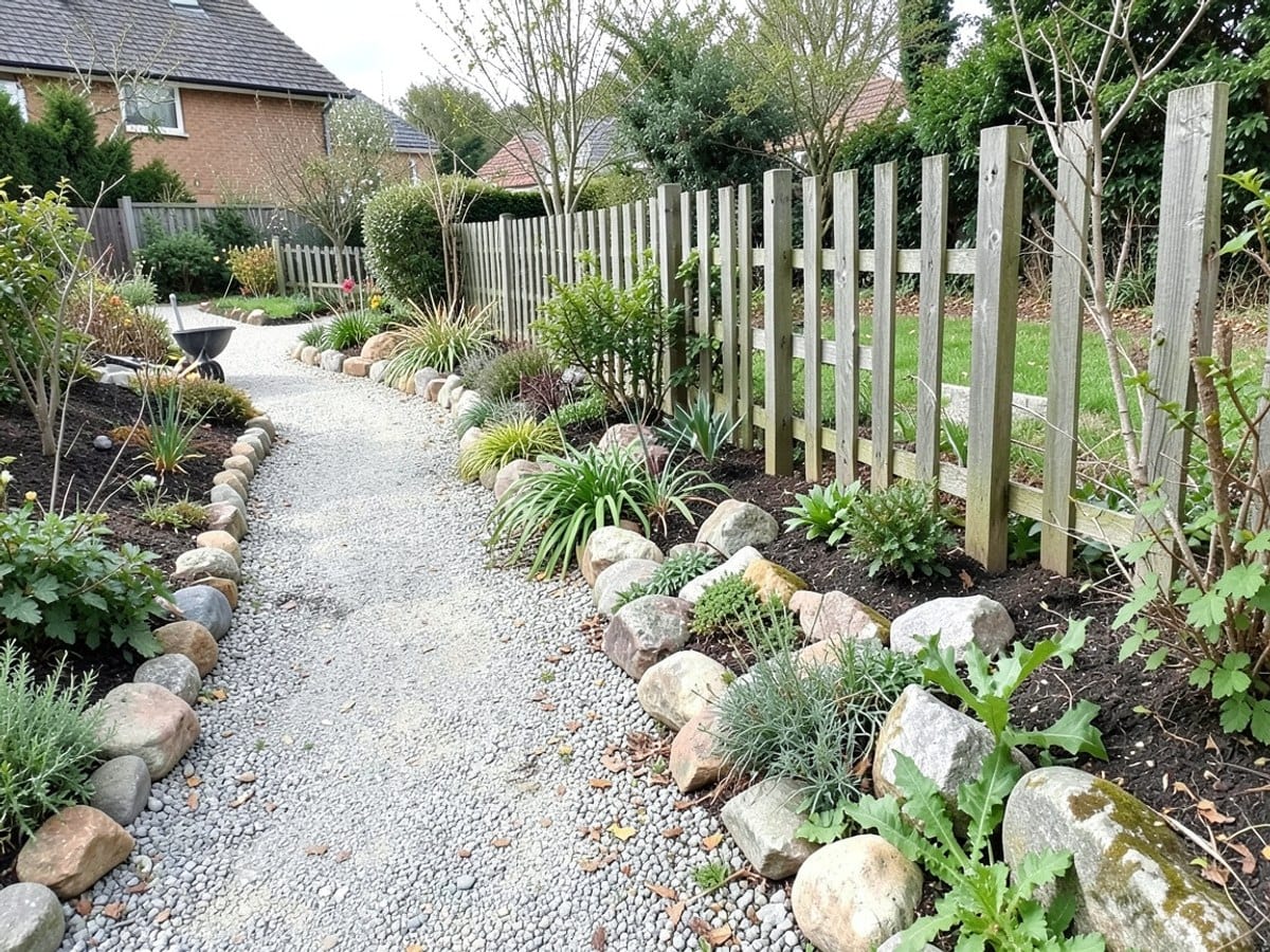 winding gravel path, bordered by rocks and plants, leans towards a wooden fence in a serene garden scene.