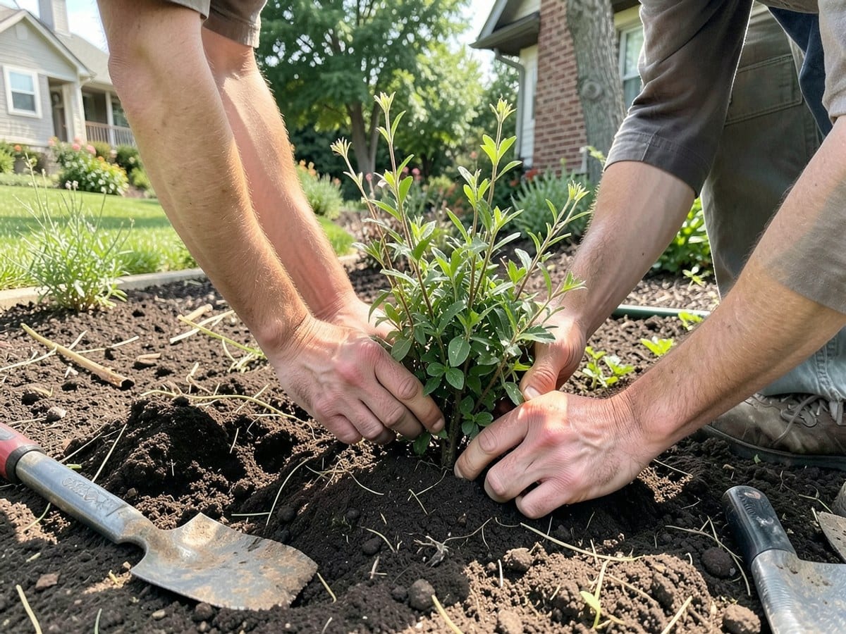 Hands placing shrubs in soil