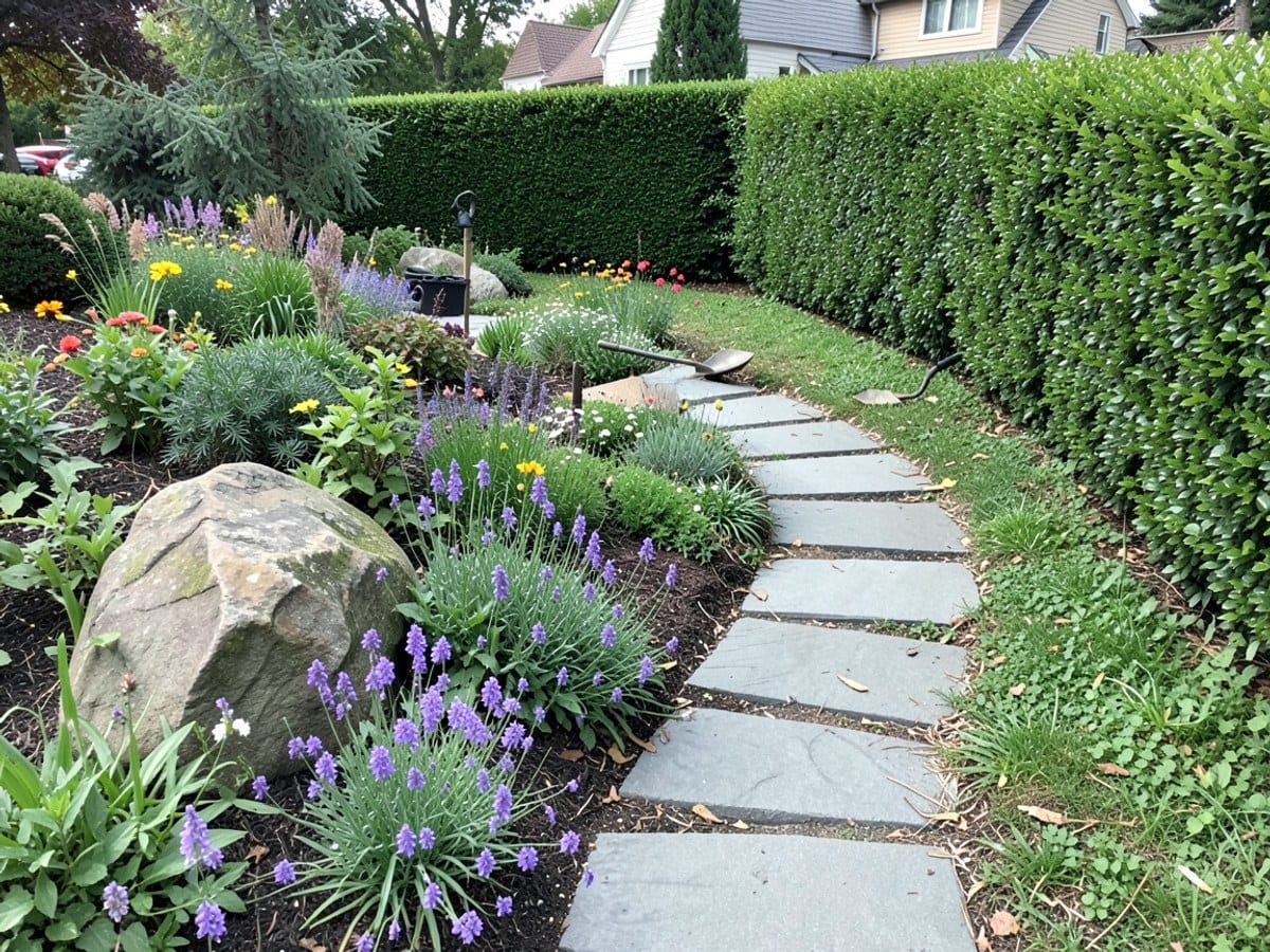 winding path of gray stepping stones leads through a colorful garden, featuring a large rock, purple flowers, and a neatly trimmed hedge.