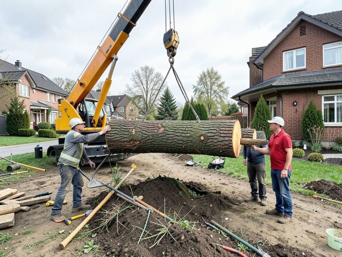 crane lifts a large tree trunk using a hook in a residential area, with three workers observing from the ground.