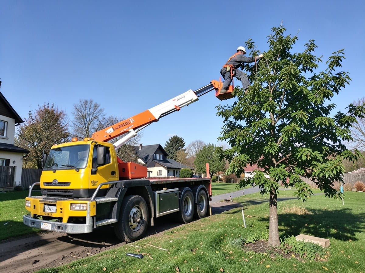 orange and white cherry picker, attached to a yellow truck, hoists a person upwards to trim a tree in a grassy area with a blue sky backdrop.