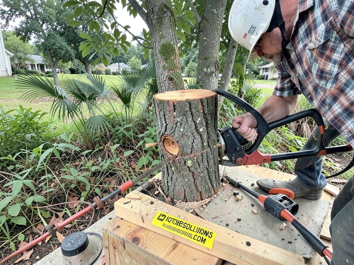 red and black tree trunk trimmer, operated by a person in a plaid shirt and hard hat, cuts a tree trunk on a wooden platform with a yellow "IOUTORESOLUTIONS.COM" sticker, surrounded by a lush backya