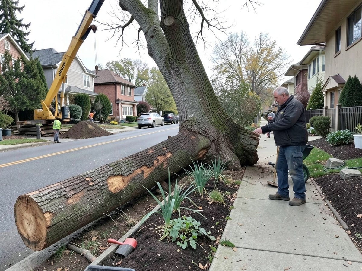 crane lifts a large tree trunk away from a residential street, with workers observing from a sidewalk lined with houses.